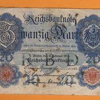 Rechsbanknote 20 Mark Berlin Feb.1914 Scheinnummer O - 9409606