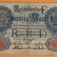 Rechsbanknote 20 Mark Berlin Feb.1914 Scheinnummer L - 6974729