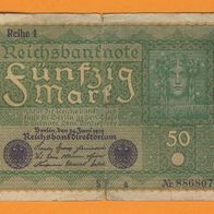 Rechsbanknote 50 Mark Reihe 1 Berlin Juni.1919 Scheinnummer 886807