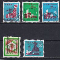 Japan, 1968-1973, Mi. 1004, 1114-15, 1156, 1184, Postleitzahl, 5 Briefm., gest