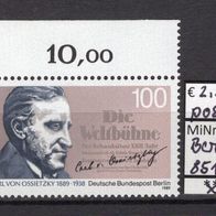 Berlin 1989 100. Geburtstag von Carl von Ossietzky MiNr. 851 postfrisch Eckrand oli