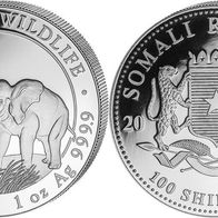 Somalia 1 oz. Silber Stgl. 100 Shillings 2017 Elefant African Wildlife