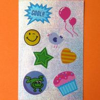 Kleiner Stickerbogen: 8 Glanz Aufkleber Stern Herz Smiley Ballons Frog Sticker A