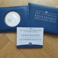 Proof Münze Kookaburra 1999 /1 Oz 999er Silber PP mit Zertifikat