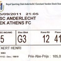 Ticket RSC Anderlecht vs AEK Athen 15.9.2011 Athina Athens Greece Hellas Belgium