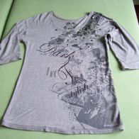Luisa Cerano Longshirt Shirt Langarm Grau Gr.38 Netz Straßsteine Buchstaben geflockt