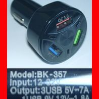 3x USB-Port QC3.0 Schnell Auto-Ladegerät für IPHONE, Samsung u.a. Handys