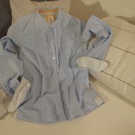 Damen H & M langarm Bluse Stehkragen Rüschen Beffchen Gr. 36 bleu weiß fein gestreift