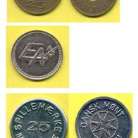 Münzen Dänemark, Dansk, Spillemaerke, 5 x 25 Oere Spillemont, Spielmünze, Token,