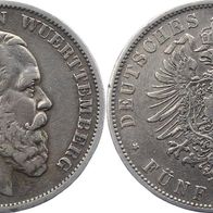 Kaiserreich Altdeutschland 5 Mark Württemberg 1874 F König Karl (1864-1891)