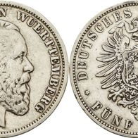 Kaiserreich Altdeutschland 5 Mark Württemberg 1875 F König Karl (1864-1891)