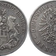Altdeutschland Kaiserreich 5 Mark Hamburg 1876 J, behelmtes Wappen