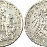 Altdeutschland Kaiserreich 5 Mark Hamburg 1904 J, behelmtes Wappen
