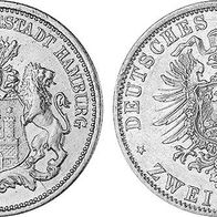 Altdeutschland Kaiserreich 2 Mark Hamburg 1876 J, behelmtes Wappen