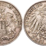 Altdeutschland Kaiserreich 3 Mark Hamburg 1913 J, behelmtes Wappen (1889-1918)