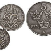 Schweden Lot 3 Kleinmünzen 5 Öre 1948, 2 Öre 1942 und 1 Öre 1943, s. Original-Scan