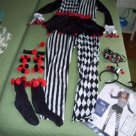 Harlekin Kostüm Fasching Jumpsuit Overall Schwarz Weiß Rot Gr. M Maske Haarschmuck