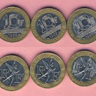 Frankreich 5x 10 Francs,1988,89,90,91, + 1992.