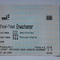 1 Fahrschein des VRN (Verkehrsverbund Rhein-Neckar) (2022)