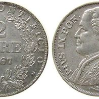 Vatikan Silber 2 Lire1867 R Anno XXII, Papst PIUS IX. (1846-1878) vz