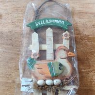 Türschild "Willkommen" aus Holz Deko-Ente mit Eiern Nest NEU Türdekoration