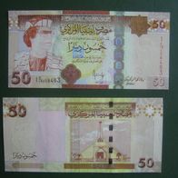 Banknote Libyen 50 Dinar UNC Portrait Muammar al Gaddafi + 1 Dinar UNC Historisch