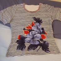 Damen Walbusch KA Rundhals T-Shirt 42/44 maritim blau weiß Elasthan Blumenprint