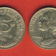 Frankreich 5 Centimes 1994 Münzzeichen "Biene" rechts nahe beim Wert