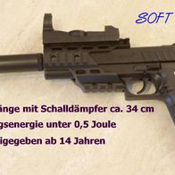 Softair-Pistole mit Schalldämpfer und Zieleinrichtung. <0,5 Joule, frei ab 14 Jahren