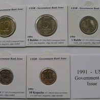 1991, Soviet Union, Government Bank Issue, set of 5 coins in holders