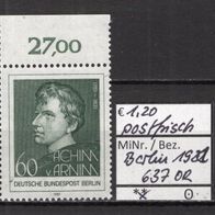 Berlin 1981 200. Geburtstag von Achim von Arnim MiNr. 637 postfrisch Oberrand
