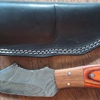 Schönes Damast-Jagdmesser mit Holzgriff und robuster Lederscheide für Gürtel !!!