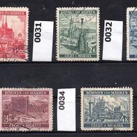 K196 - Böhmen und Mähren Mi. Nr.30 + 31 + 32 + 33a + 34 Landschaften o