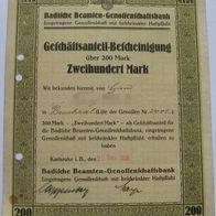 1922, Deutsches Reich, Geschäftsanteil-Bescheinigung Badische Beamten - 200 Mark