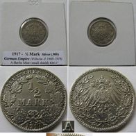 1917, German Empire, ½ Mark, A, silver coin (type 2 - small shield)