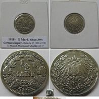 1918, German Empire, ½ Mark, D, silver coin (type 2 - small shield)