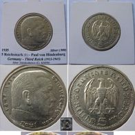 1935, Germany, 5 Reichsmark (E), silver coin, Paul von Hindenburg