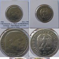 1936, Germany-Third Reich, 5 Reichsmark (A), silver coin, P. Hindenburg