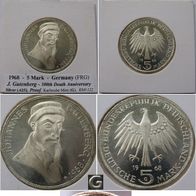 1968, Germany, 5 Mark (G)-Johannes Gutenberg, silver coin, proof