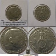 1937, Germany-Third Reich, 5 Reichsmark (J), silver coin, P. Hindenburg