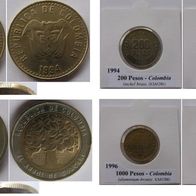1994-1996, Colombia, a set 4 pcs coins: 100-1000 pesos