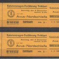 Raketenwagen-Vorführung Volkhart - 2 Eintrittskarten vom 02.12.1928 - neu - RAR - K93