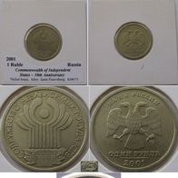 2001,1 Ruble, Russia, The 10th Anniversary of the Commonwealth of Independent States