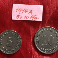 Münzen Deutsches Reich 5 Pf. + 10 Pf. 1914 A -Großer Adler- Umlaufmünzen Ku-Ni
