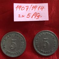 Münzen Deutsches Reich 2x 5 Pf. 1907 + 1914 A -Großer Adler- Umlaufmünzen Ku-Ni