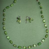 Schmuckset Perlenkette Ohrringe Ohrhänger Katzenauge Längliche Perlen Moosgrün Grün