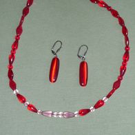 Schmuckset: Rot und Rosa Perlenkette Magnetverschluß + Ohrrhänger rote lange Perle