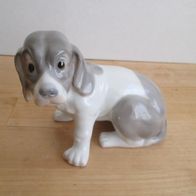 Hund Porzellanfigur Basset ? grau/ weiß ohne Hersteller Angabe *