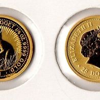 Australien 25 Dollars 2001 Kangaroo 1/4 Oz .9999 Gold Stgl. Max. 19.898 Ex. RAR