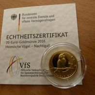 Deutschland 20 Euro 2016 -J- Heimische Vögel "Nachtigall" 3,89 Gramm .9999 Gold